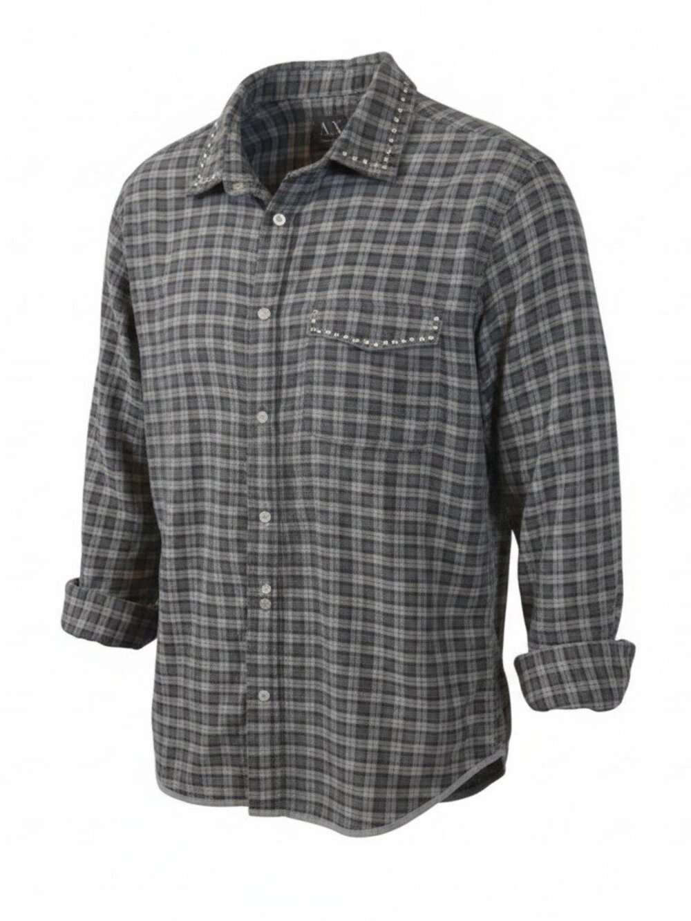 Mens Armani Exchange A/X Grey Plaid Shirt w Silver Stud Accents Size: L